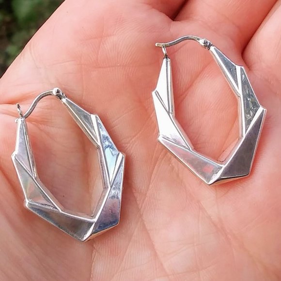 Sterling Silver Art-Deco Hoop Earrings - Picture 4 of 7